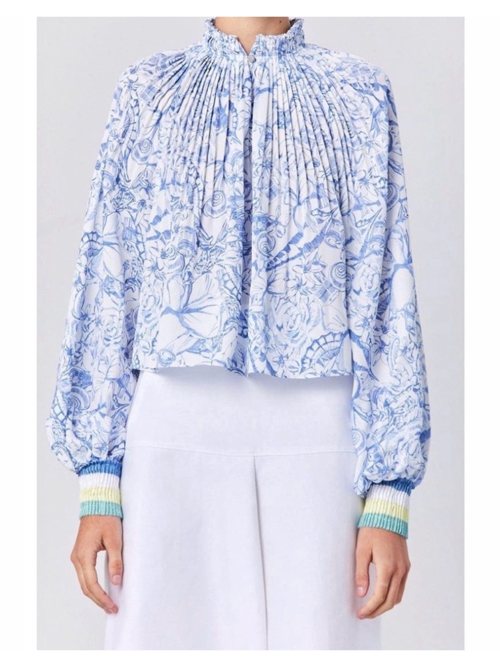 Tibi Isa Toile Pleated Cropped Blouse | Size 4 | Blue/White | Striped Knit Cuffs